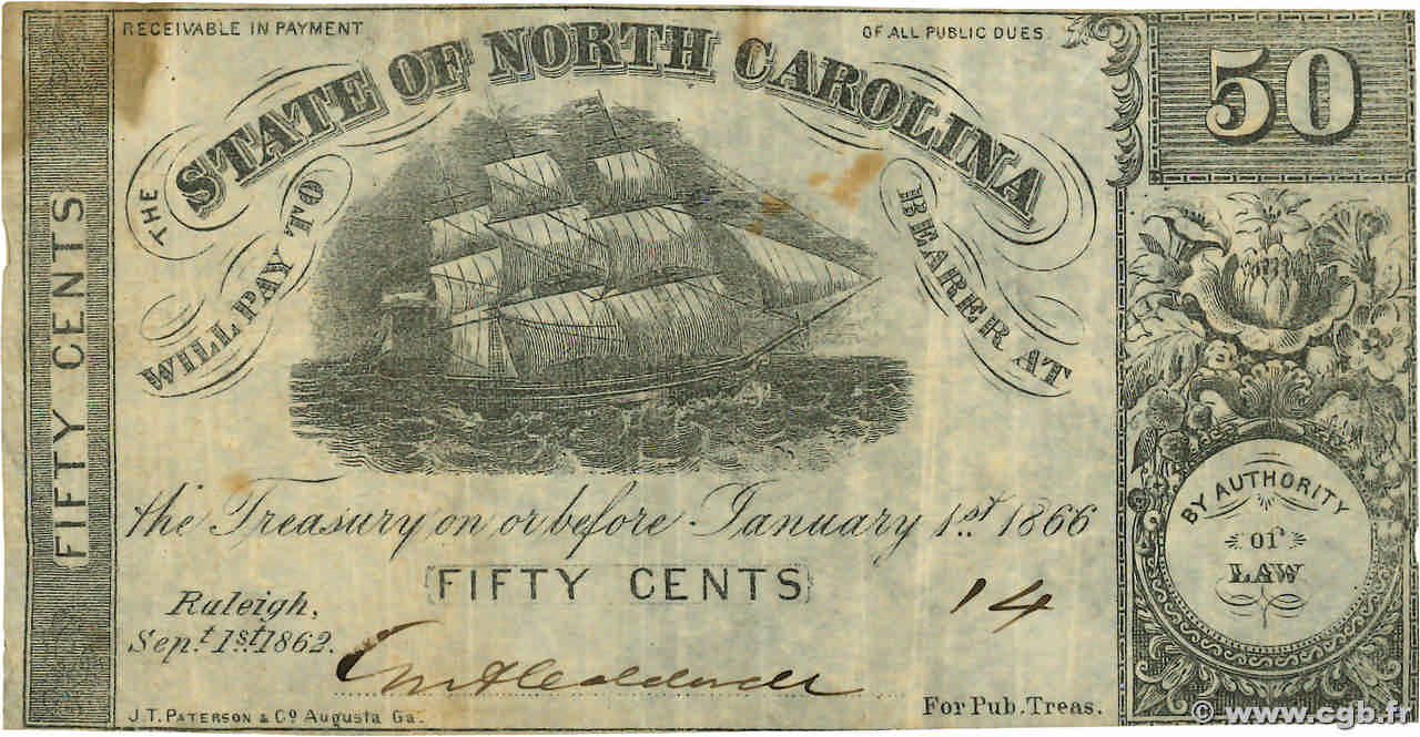 50 Cents ÉTATS-UNIS D AMÉRIQUE Raleigh 1862 PS.2358a TTB
