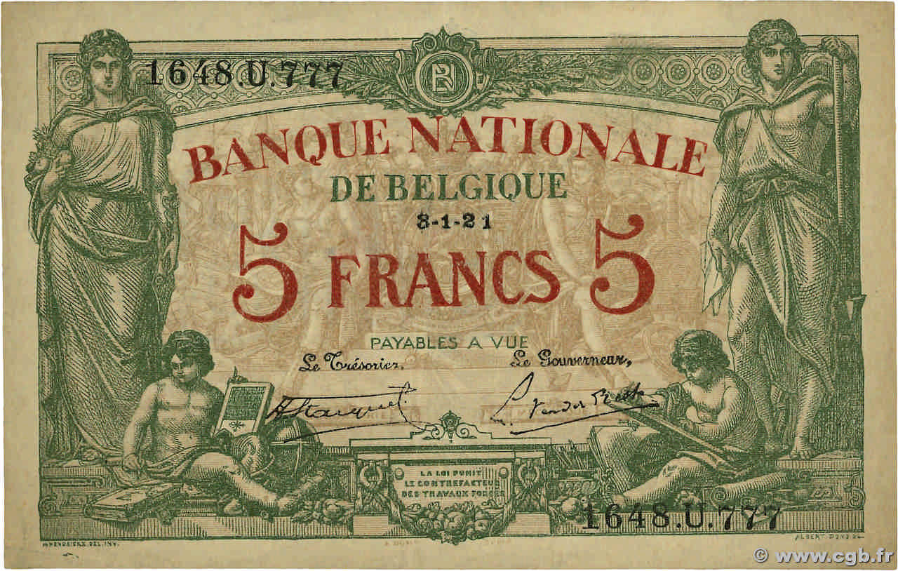 5 Francs BELGIUM  1921 P.075b VF