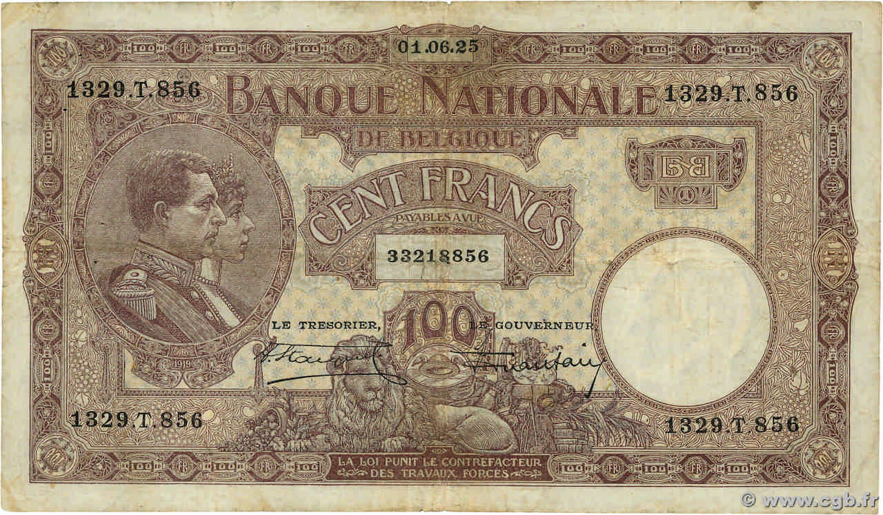 100 Francs BELGIQUE  1925 P.095 TB