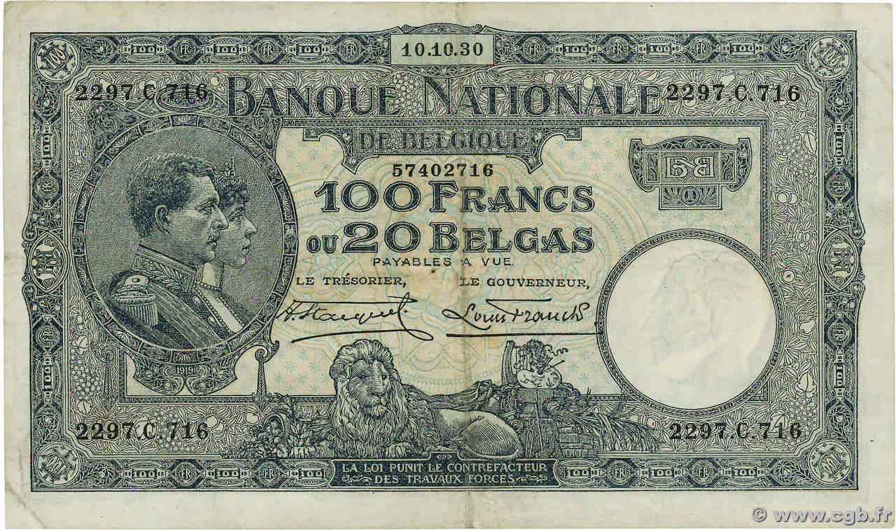 100 Francs - 20 Belgas BÉLGICA  1930 P.102 MBC