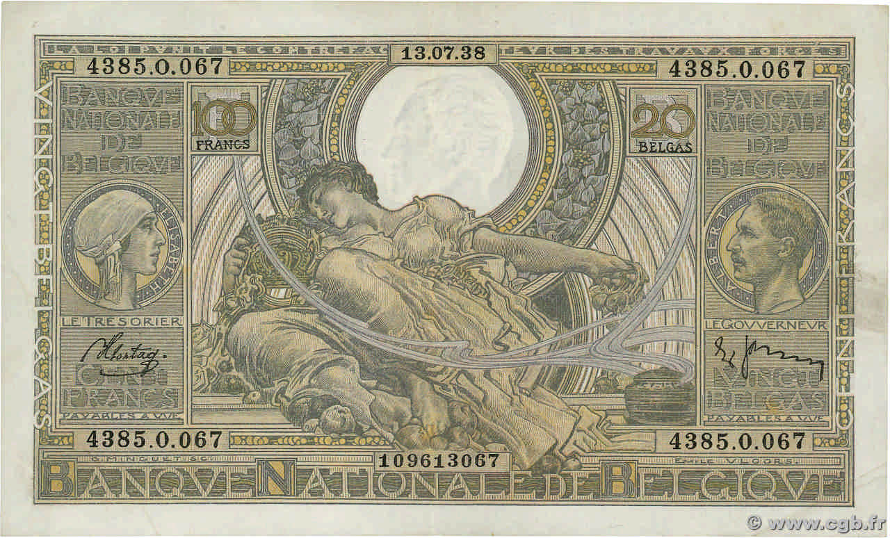 100 Francs - 20 Belgas BELGIUM  1938 P.107 VF