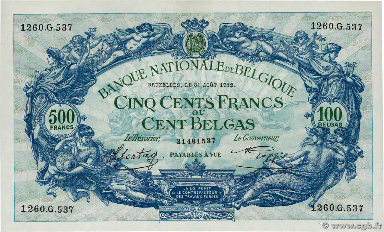500 Francs - 100 Belgas BELGIEN  1942 P.109 fST+