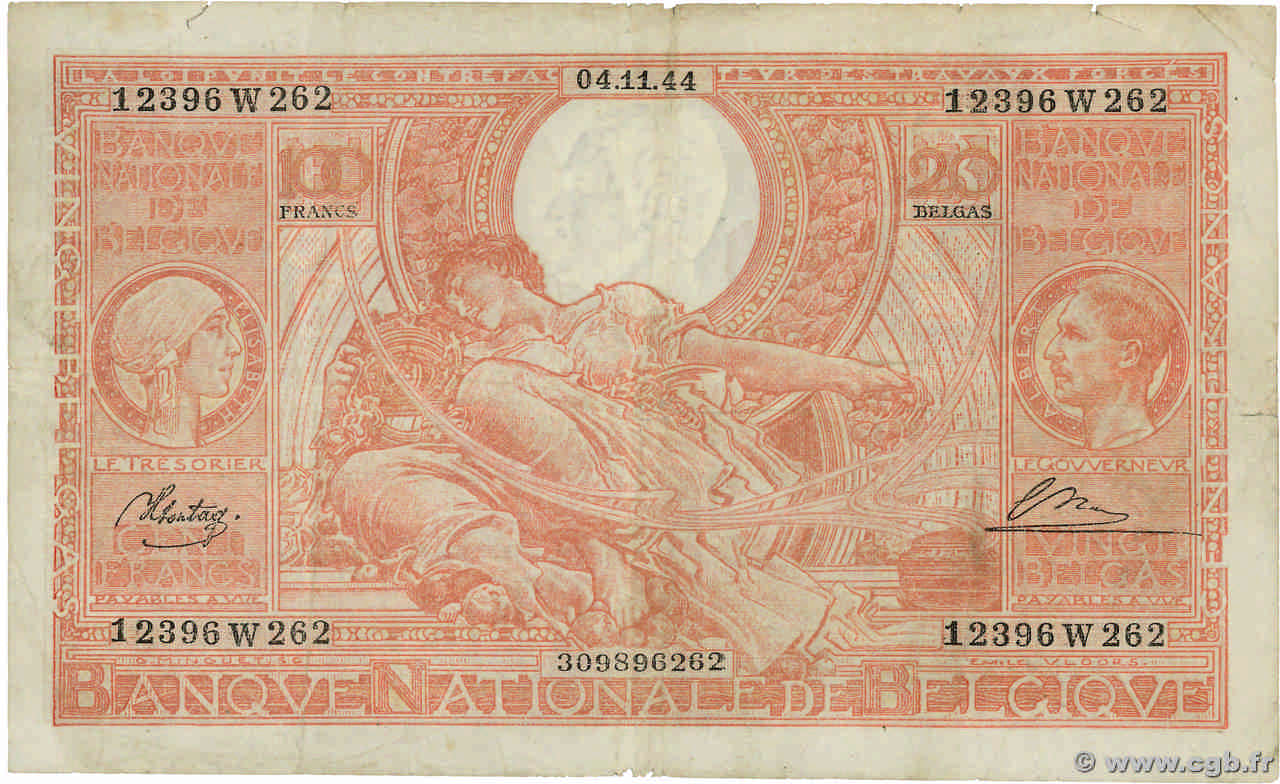 100 Francs - 20 Belgas BELGIUM  1944 P.113 F