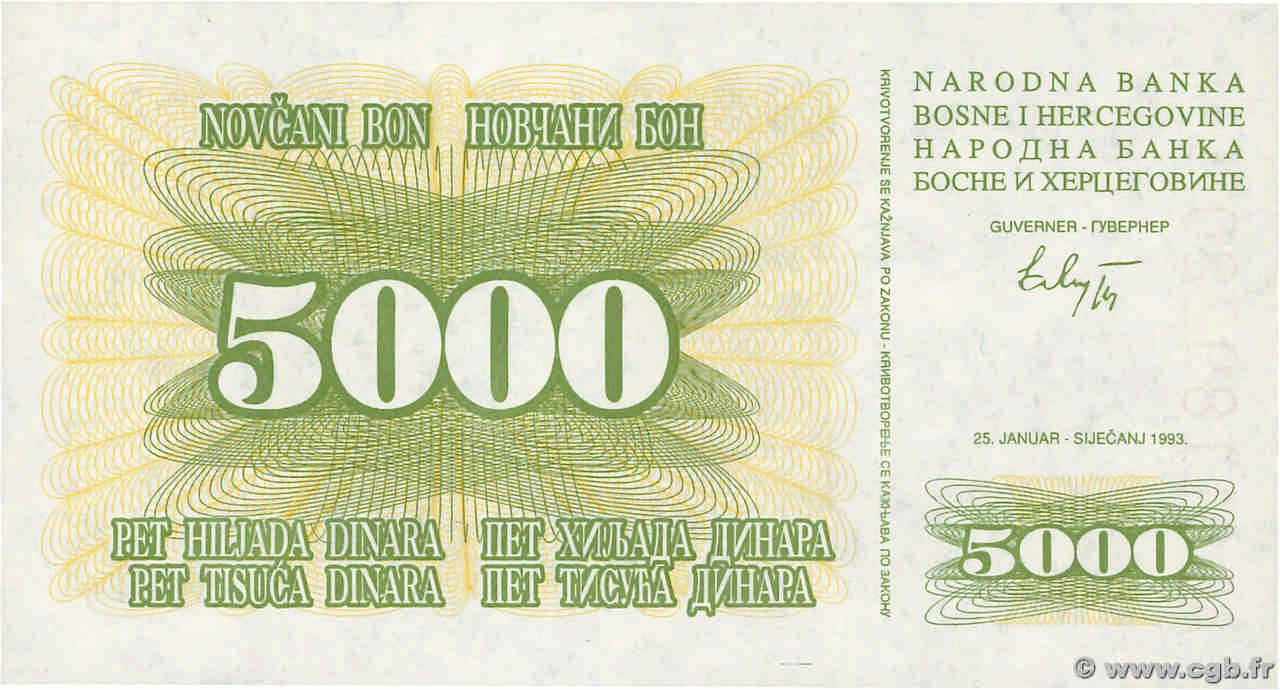5000 Dinara BOSNIE HERZÉGOVINE  1993 P.016a NEUF