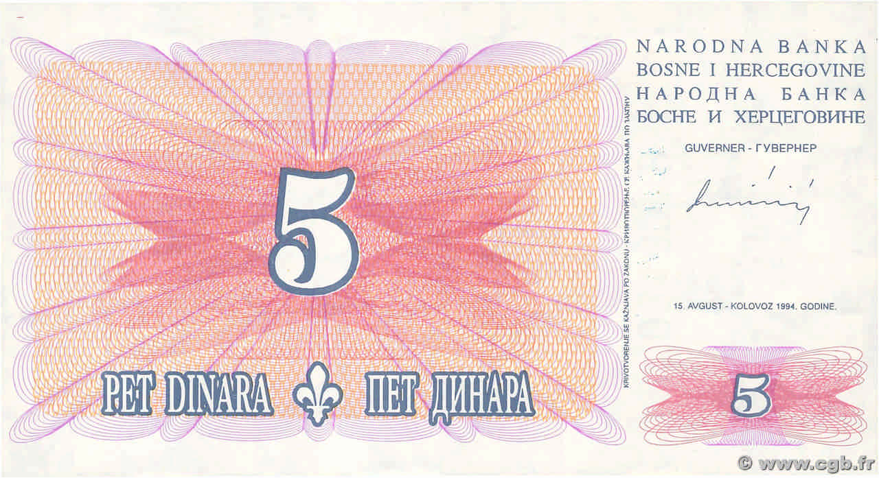 5 Dinara BOSNIEN-HERZEGOWINA  1994 P.040a ST