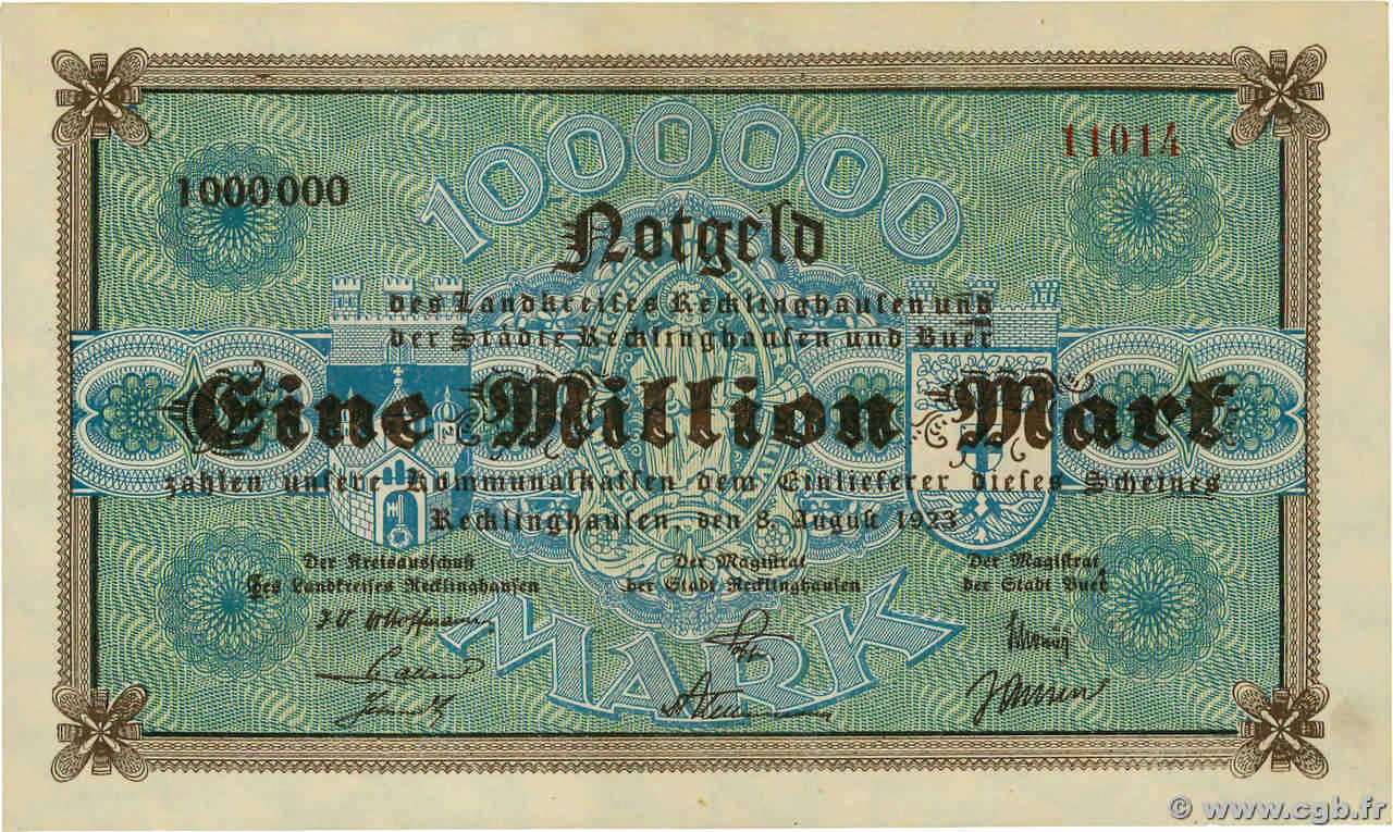 1 Million Mark GERMANY Recklinghausen 1923  AU
