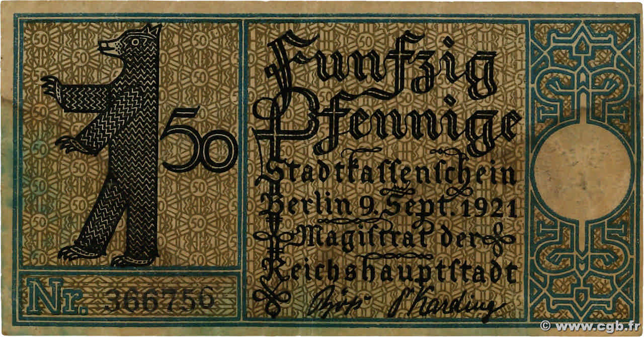 50 Pfenning GERMANY Berlin 1921  VF