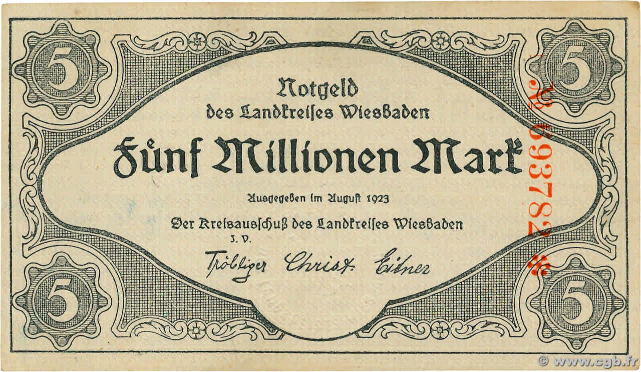 5 Millions Mark GERMANIA Wiesbaden 1923  AU