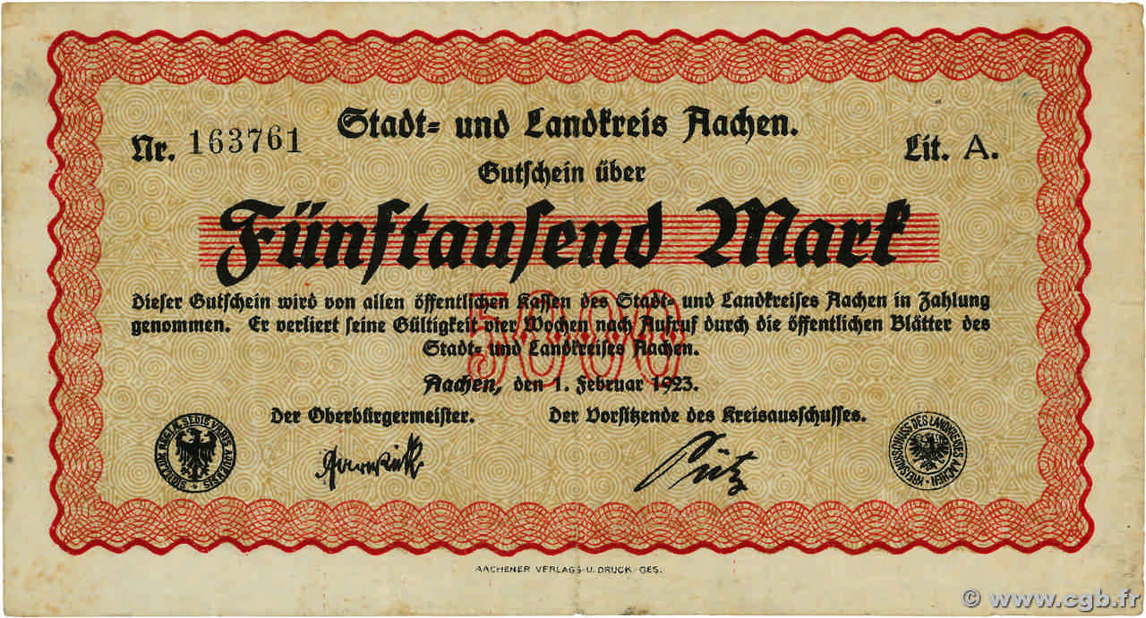 5000 Mark ALLEMAGNE Aachen - Aix-La-Chapelle 1923  TTB