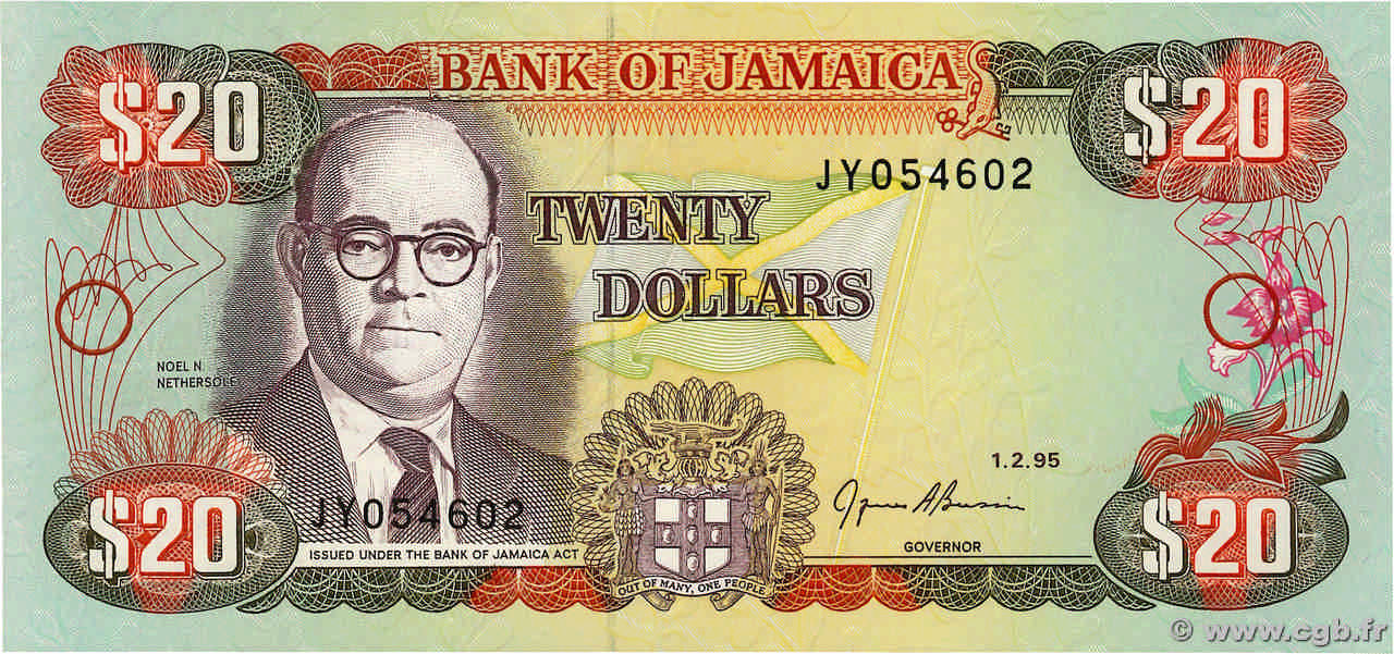 20 Dollars JAMAICA  1995 P.72e UNC