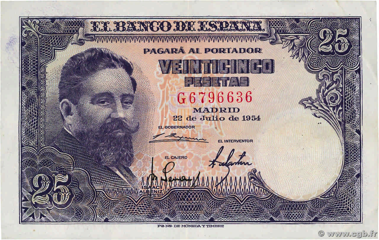 25 Pesetas SPANIEN  1954 P.147a VZ