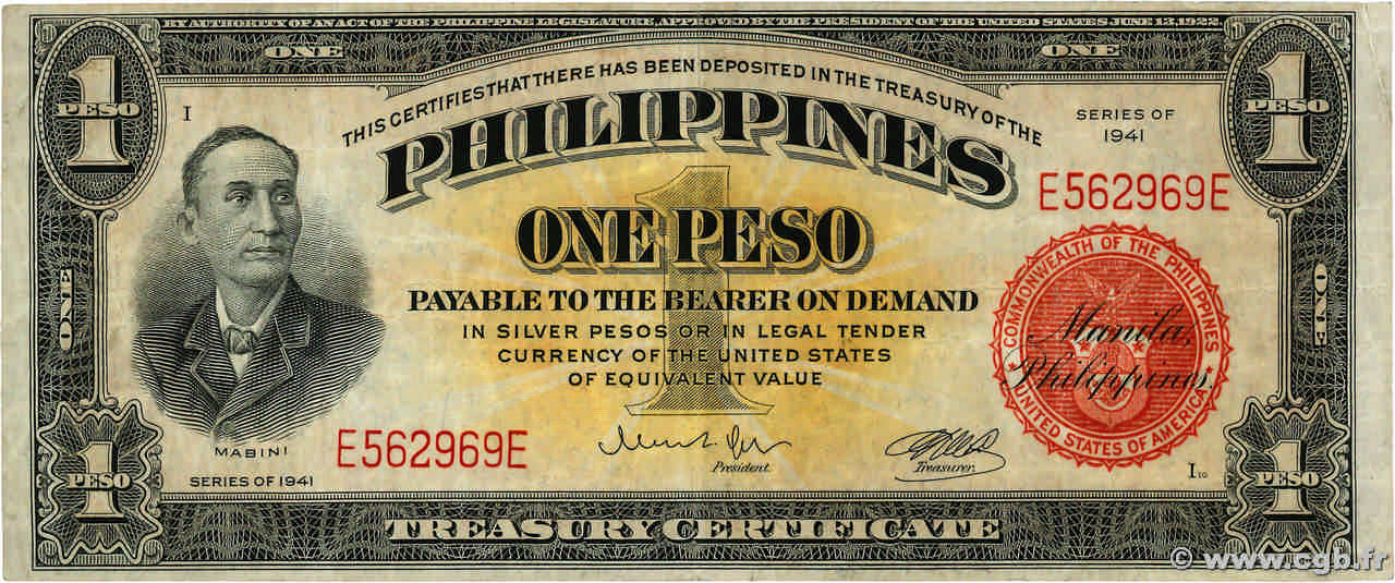 1 Peso PHILIPPINES  1941 P.089a F