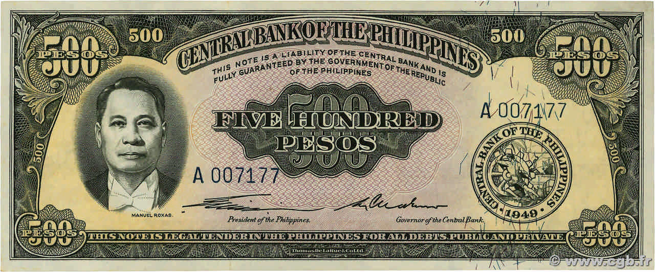 500 Pesos FILIPINAS  1949 P.141a FDC