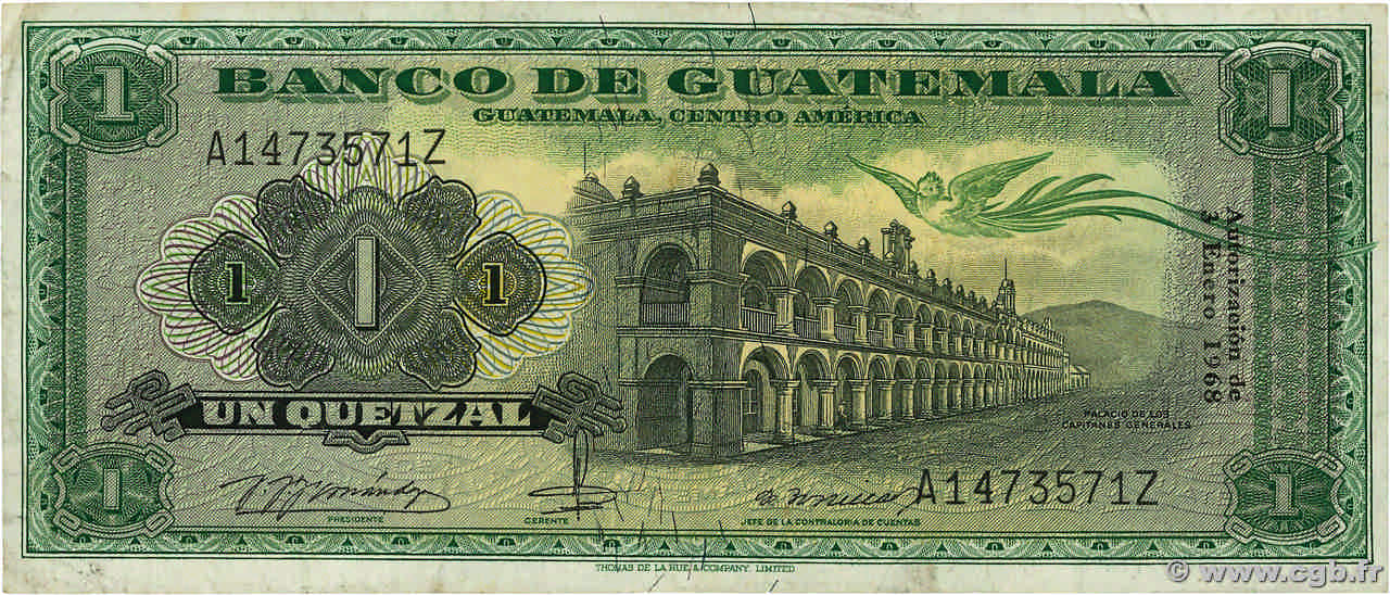 1 Quetzal GUATEMALA  1968 P.052e TTB