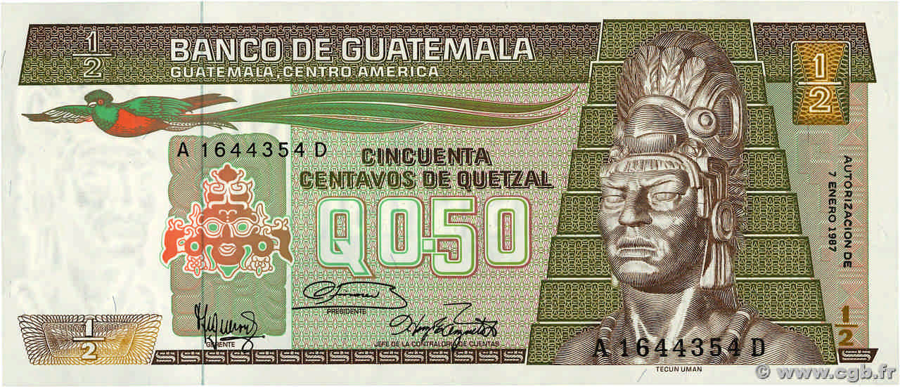 1/2 Quetzal GUATEMALA  1987 P.065 fST+