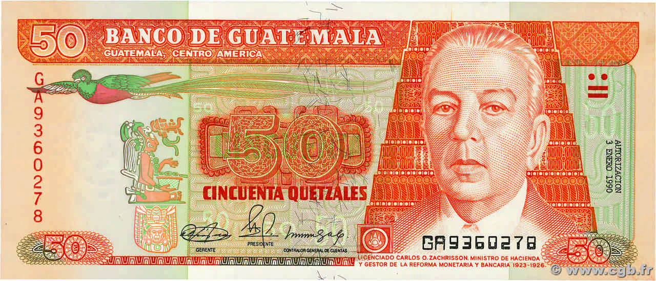 50 Quetzales GUATEMALA  1990 P.077b UNC