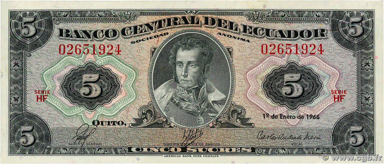 5 Sucres ECUADOR  1966 P.113b SC+