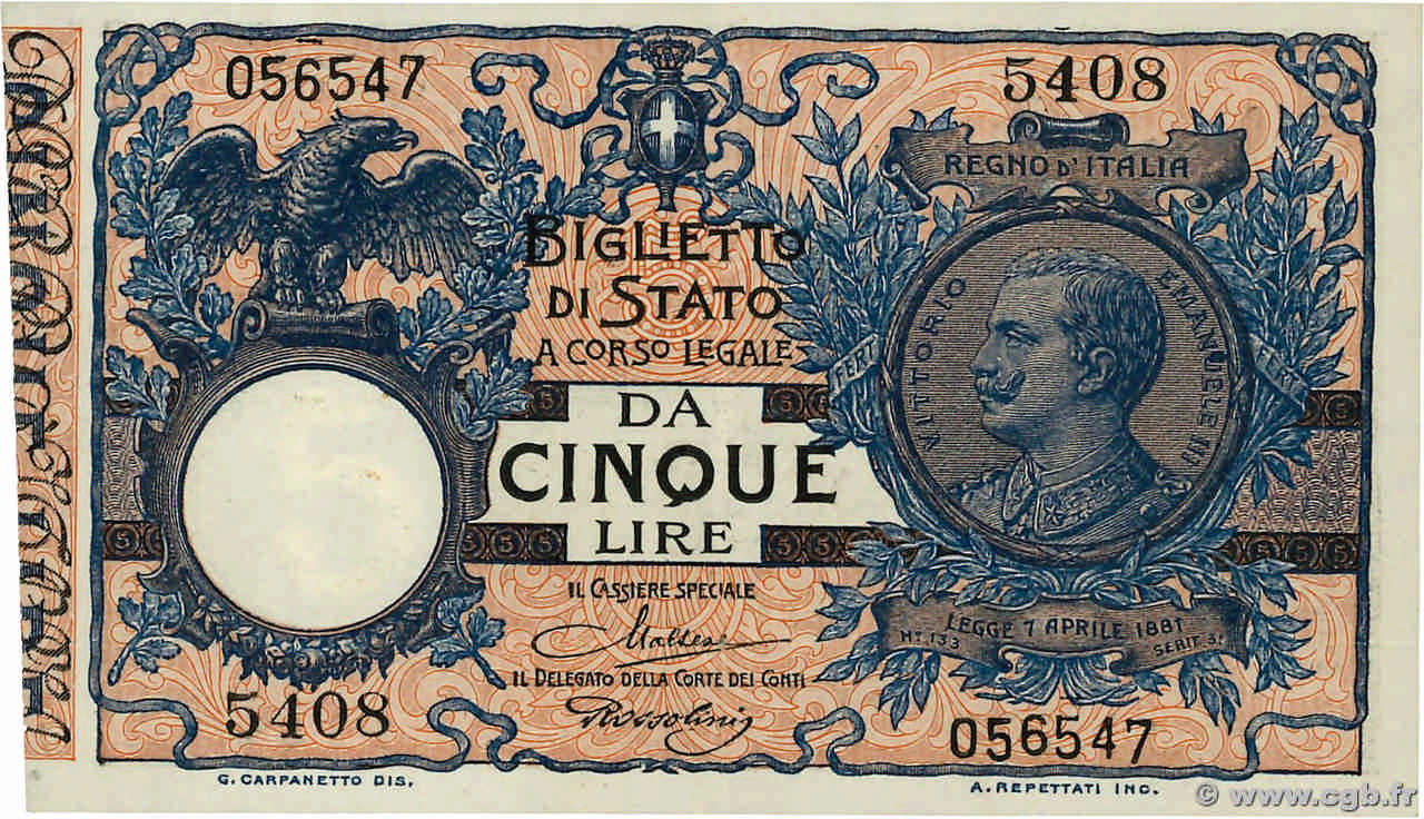 5 Lire ITALIA  1923 P.023f q.SPL