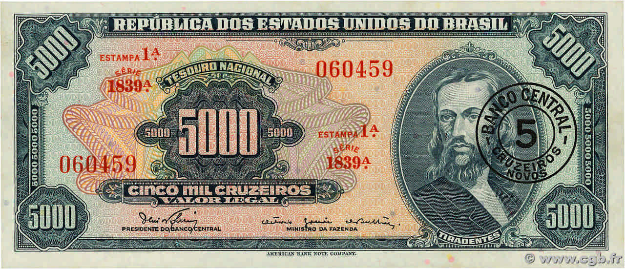 5 Cruzeiros Novos sur 5000 Cruzeiros BRASILIEN  1966 P.188b fST