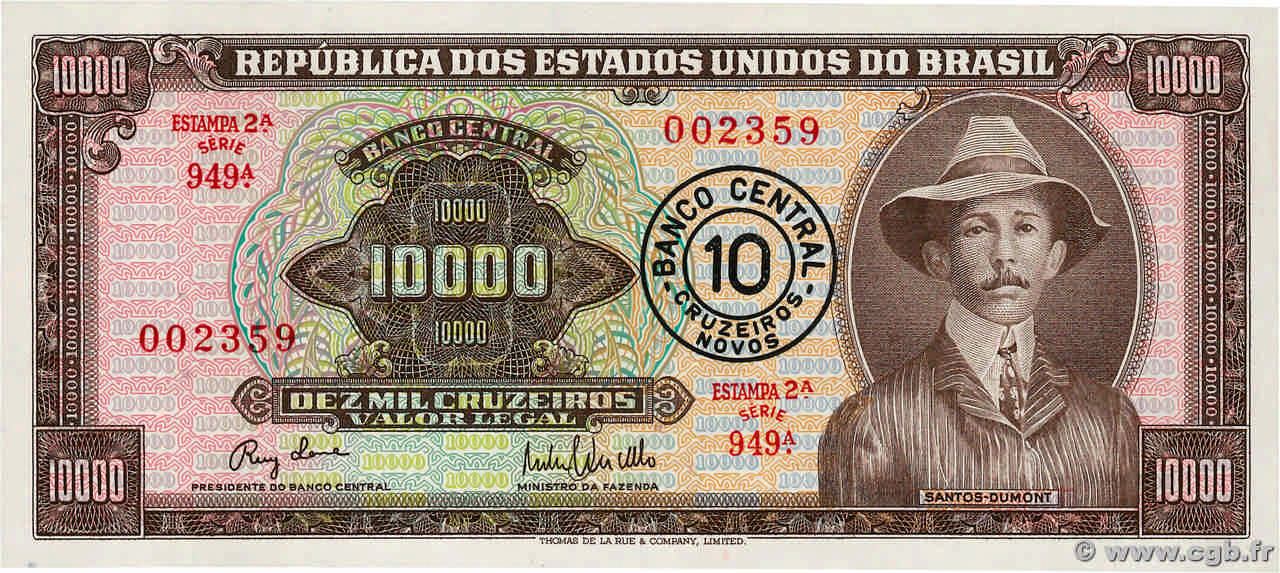 10 Cruzeiros Novos sur 10000 Cruzeiros BRAZIL  1967 P.190a UNC