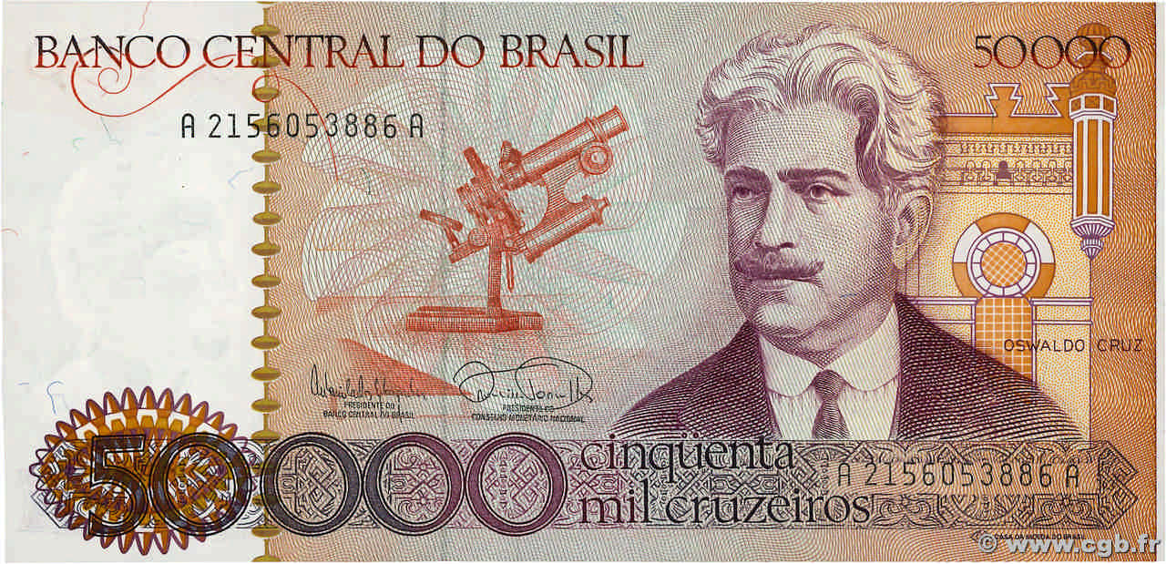 50000 Cruzeiros BRAZIL  1985 P.204b UNC