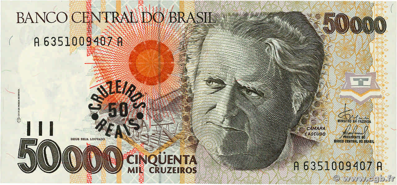 50 Cruzeiros Reais sur 50000 Cruzeiros  BRÉSIL  1993 P.237 NEUF