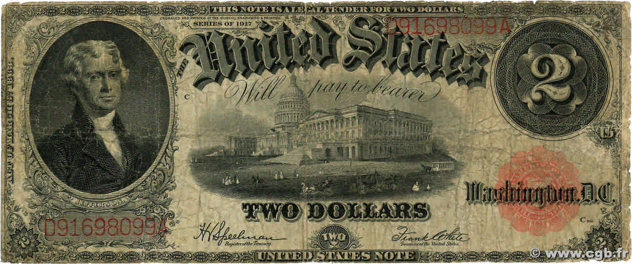 2 Dollars ÉTATS-UNIS D AMÉRIQUE  1917 P.188 pr.TB