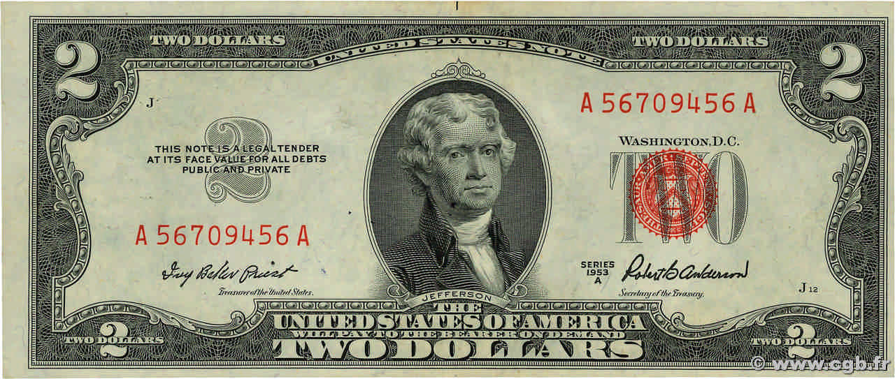 2 Dollars ÉTATS-UNIS D AMÉRIQUE  1953 P.380a TTB+