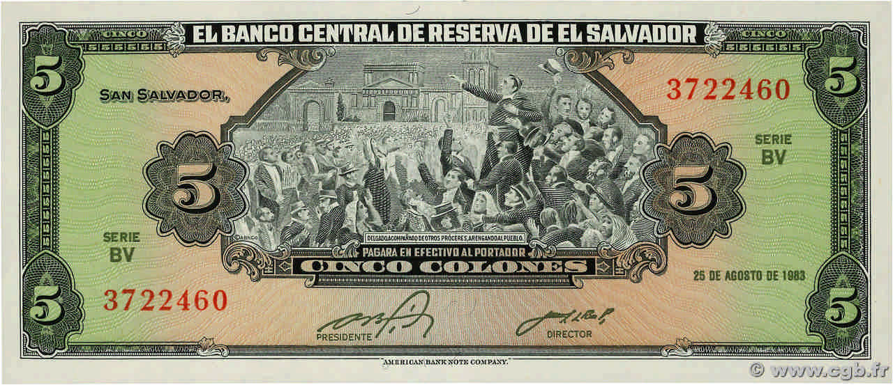5 Colones  EL SALVADOR  1983 P.134a UNC