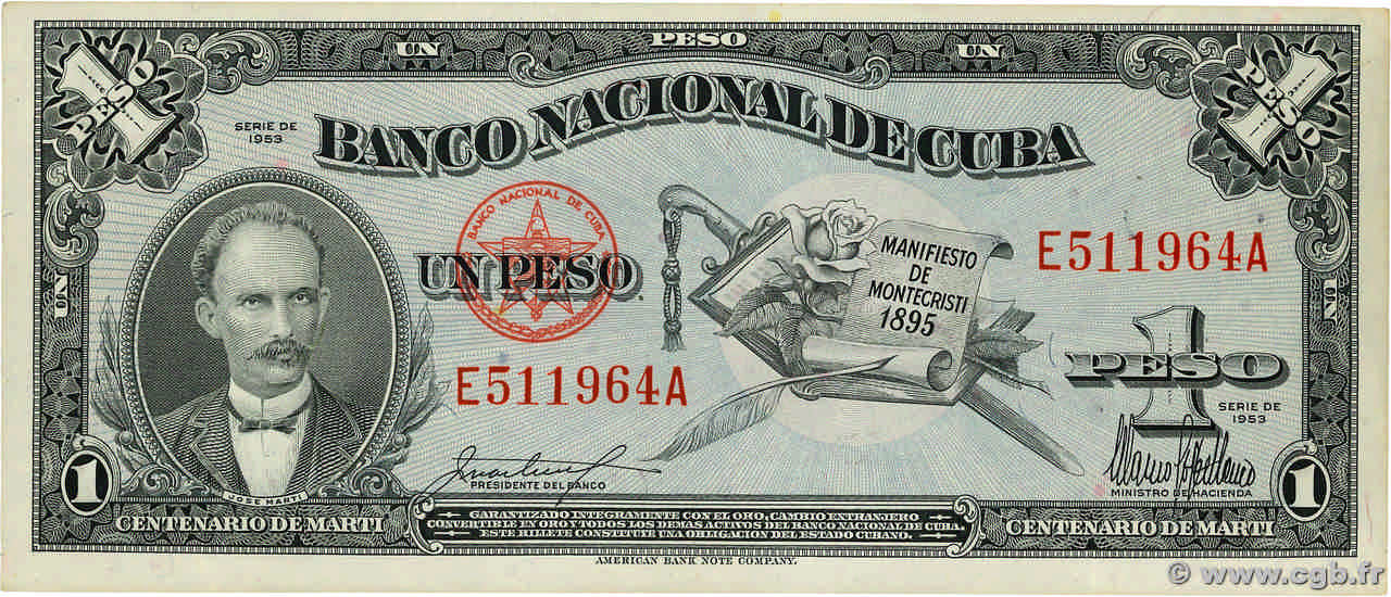1 Peso Commémoratif CUBA  1953 P.086 XF