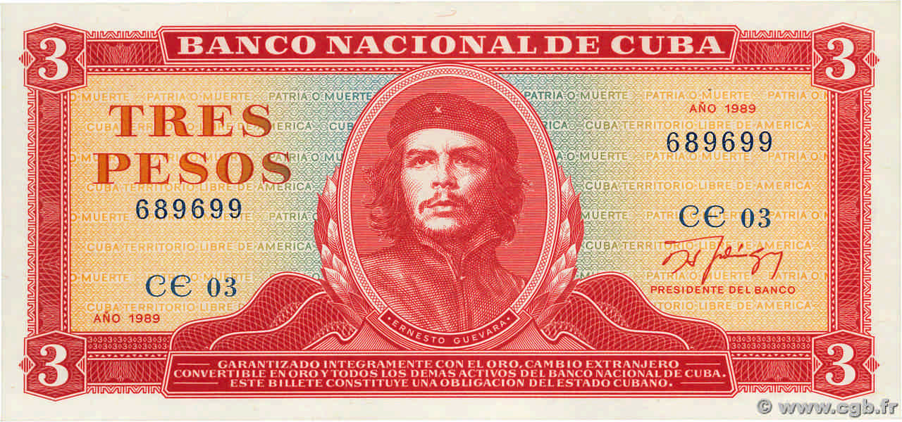 3 Pesos CUBA  1989 P.107b AU