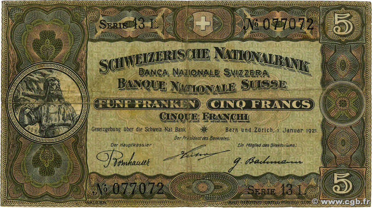 5 Francs SUISSE  1921 P.11e TB