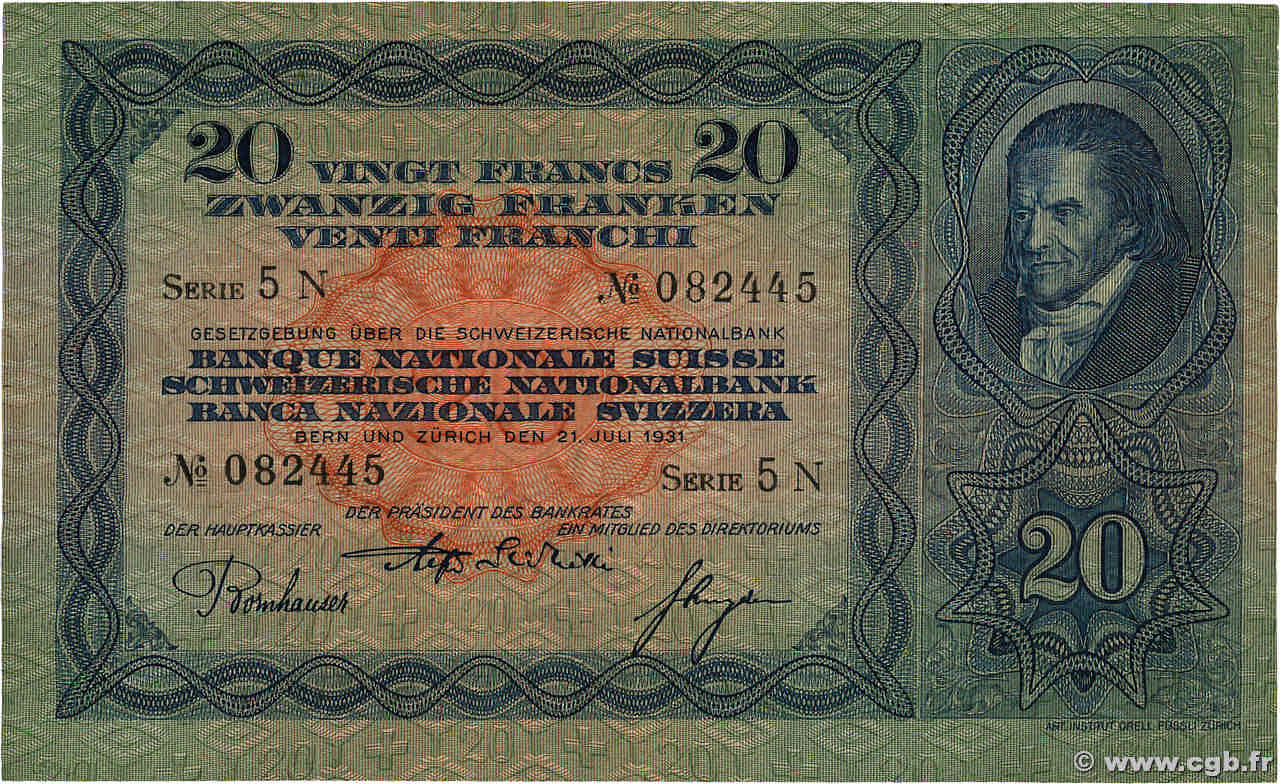 20 Francs SUISSE  1931 P.39c TB+