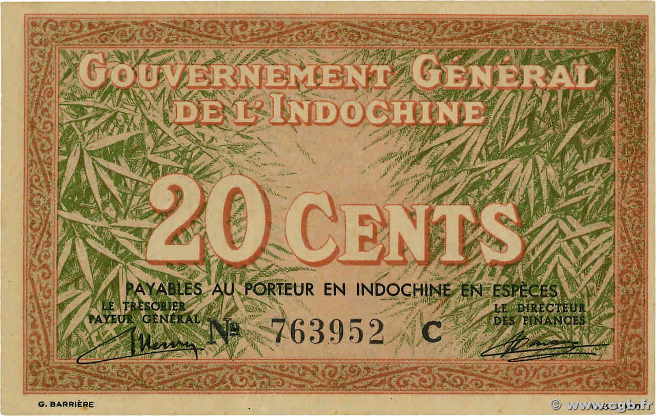 20 Cents INDOCHINE FRANÇAISE  1939 P.086a SPL+