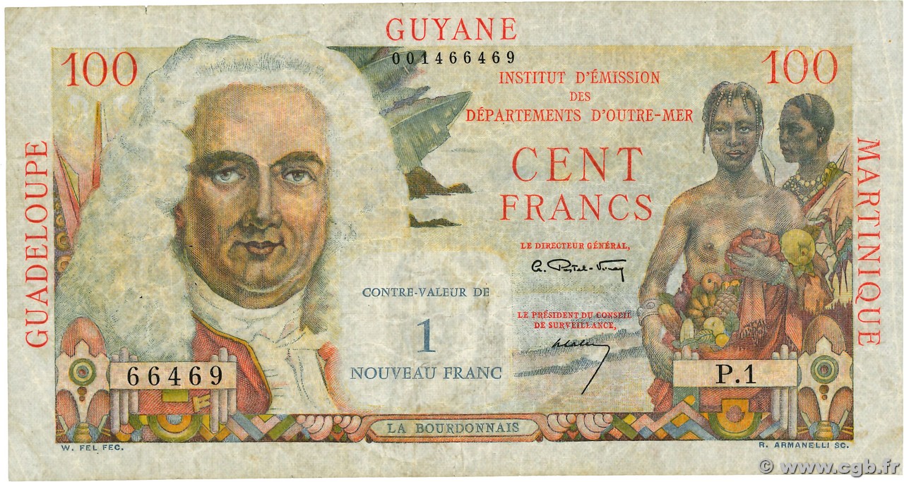 1 NF sur 100 Francs La Bourdonnais ANTILLES FRANÇAISES  1960 P.01a TB