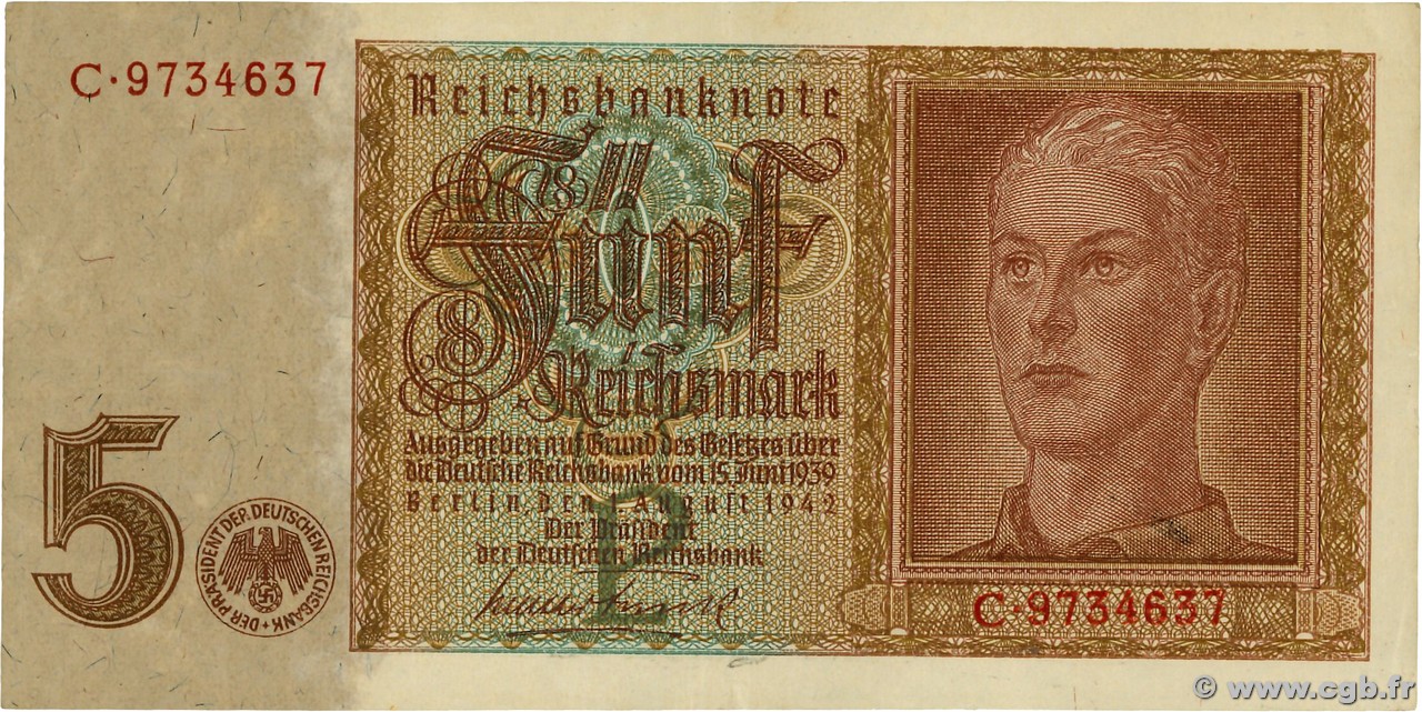 5 Reichsmark GERMANY  1942 P.186a XF
