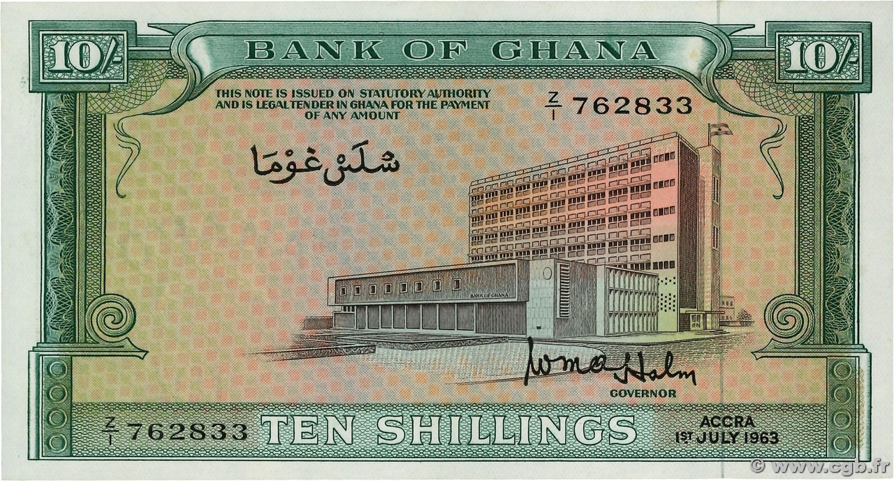 10 Shillings GHANA  1963 P.01d AU+