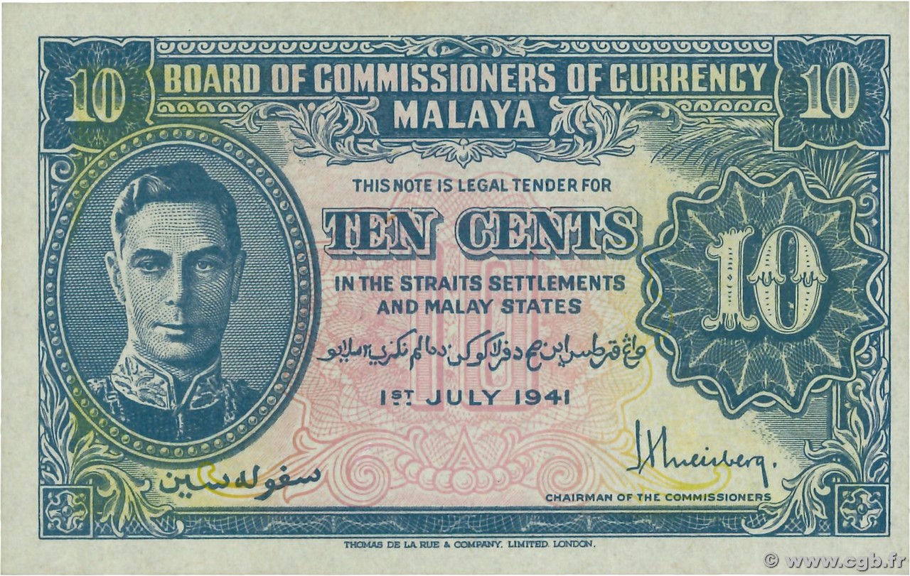 10 Cents MALAYA  1941 P.08 UNC