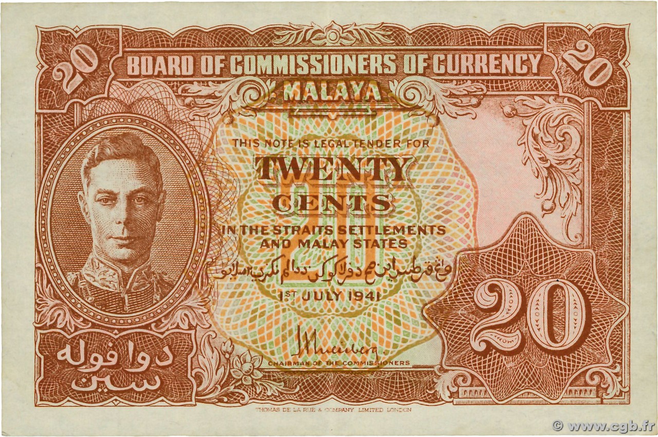 20 Cents MALAYA  1941 P.09a EBC