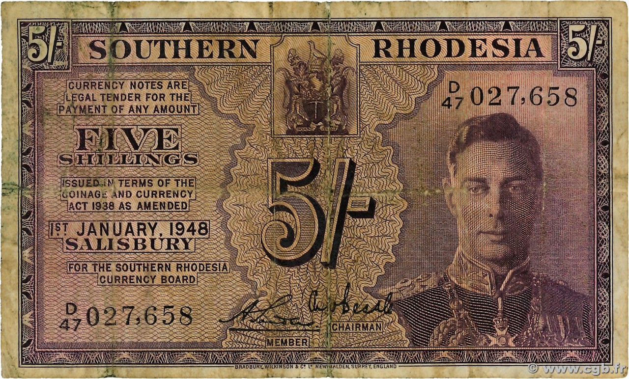 5 Shillings SOUTHERN RHODESIA  1948 P.08b F-