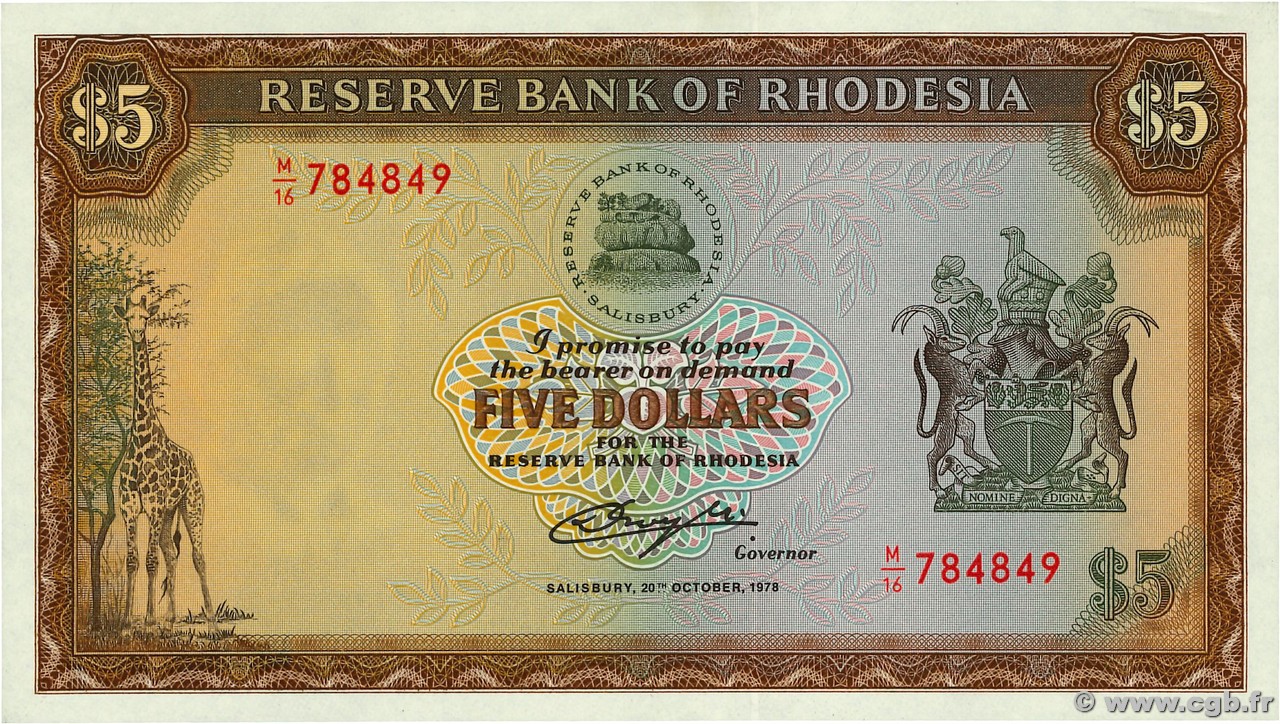 5 Dollars RHODESIA  1978 P.36b q.FDC