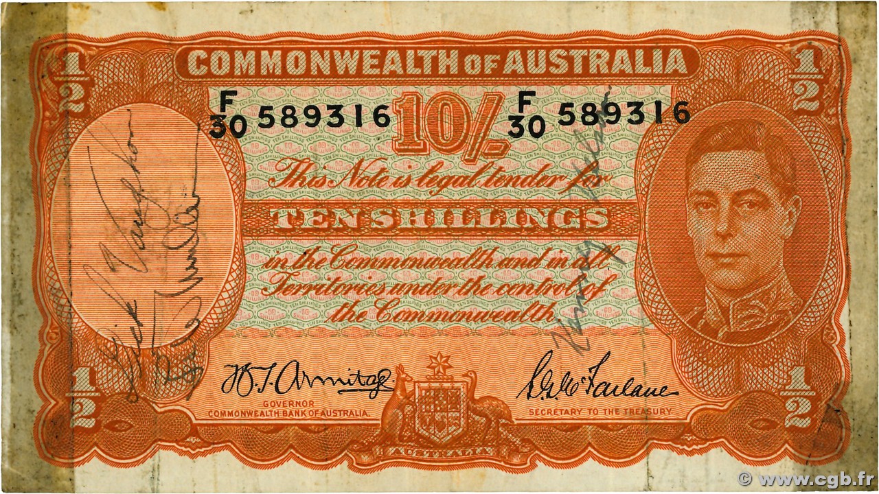 10 Shillings AUSTRALIA  1942 P.25b F
