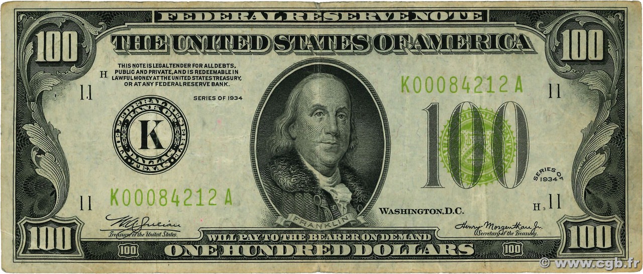100 Dollars STATI UNITI D AMERICA Dallas 1934 P.433D MB