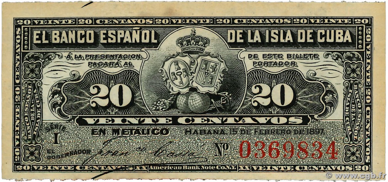 20 Centavos CUBA  1897 P.053a SC+