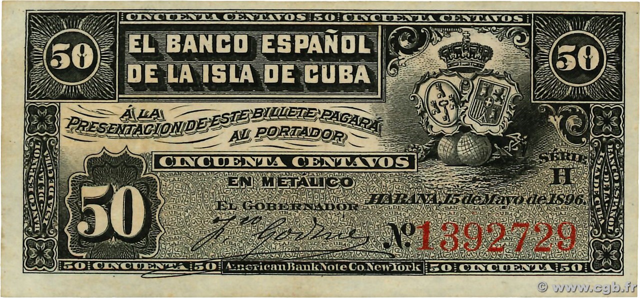 50 Centavos CUBA  1896 P.046a SC+