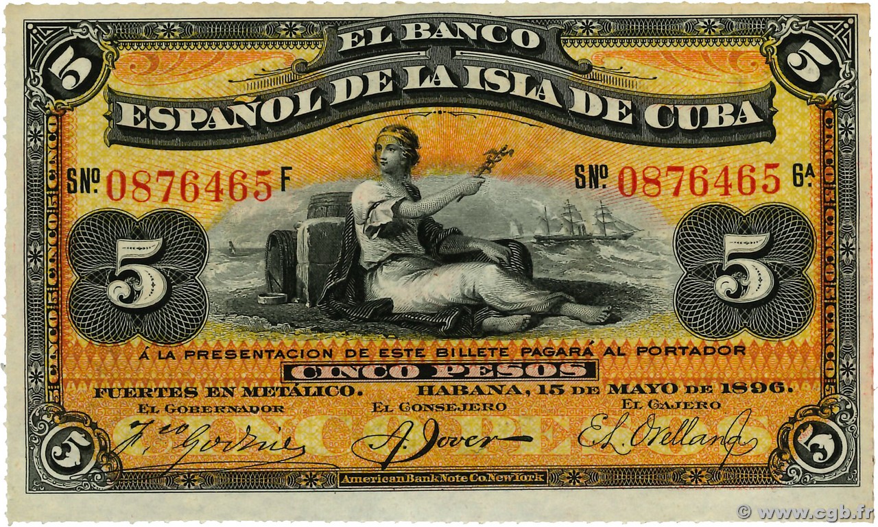 5 Pesos CUBA  1896 P.048b SC+