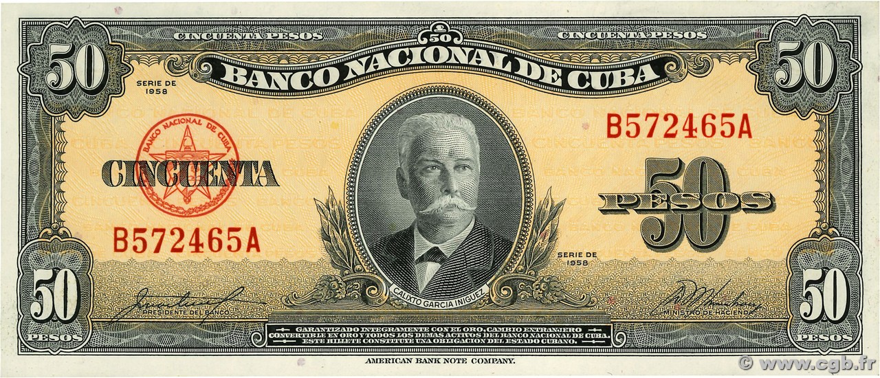 50 Pesos CUBA  1958 P.081b UNC