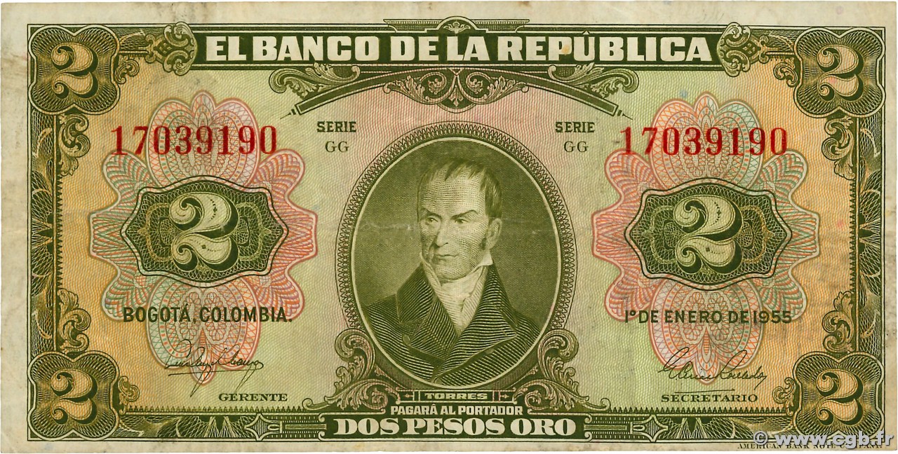 2 Pesos Oro KOLUMBIEN  1955 P.390d S