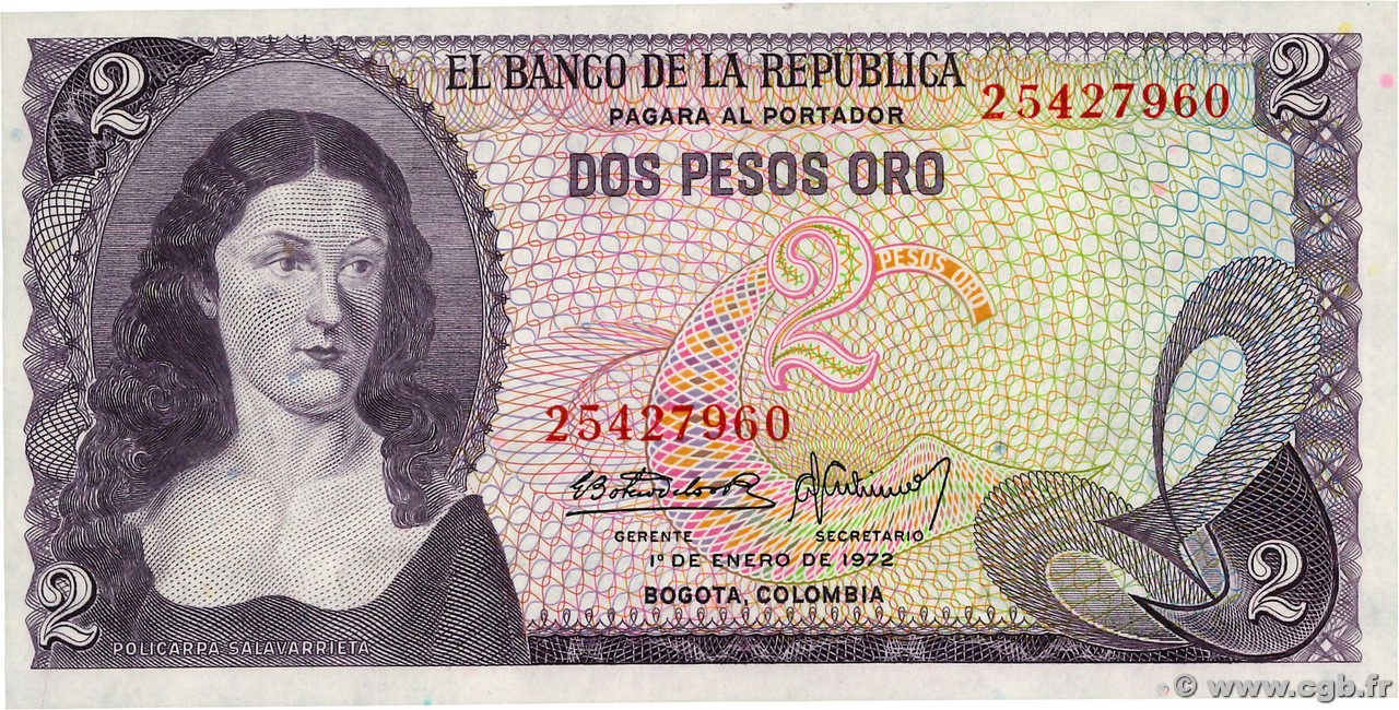 2 Pesos Oro COLOMBIA  1972 P.413a UNC