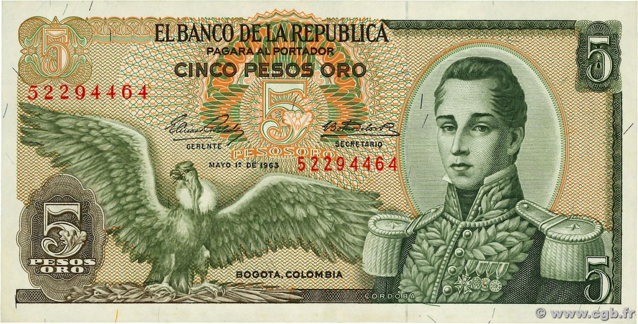 5 Pesos Oro KOLUMBIEN  1963 P.406a ST